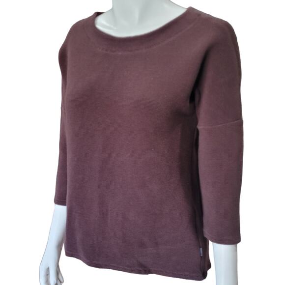 Fig Brown Ribbed 3/4 Sleeve Boat Neck Top XL Cotton Blend Minimalist Travel - Picture 2 of 8